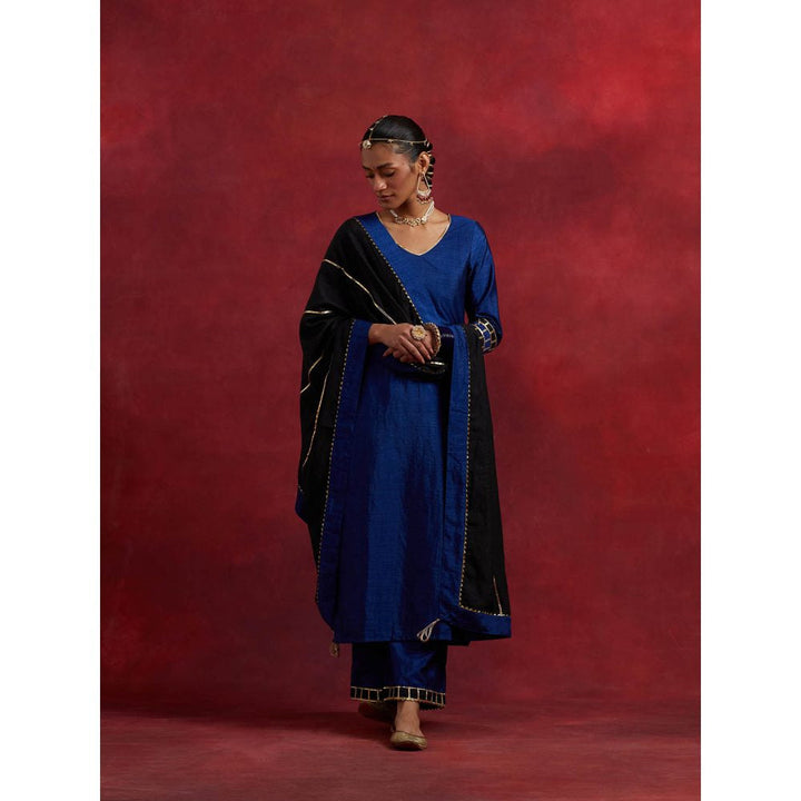 The Indian Cause Blue Black Raw Silk Mira Kurta With Palazzo And Dupatta (Set of 3)