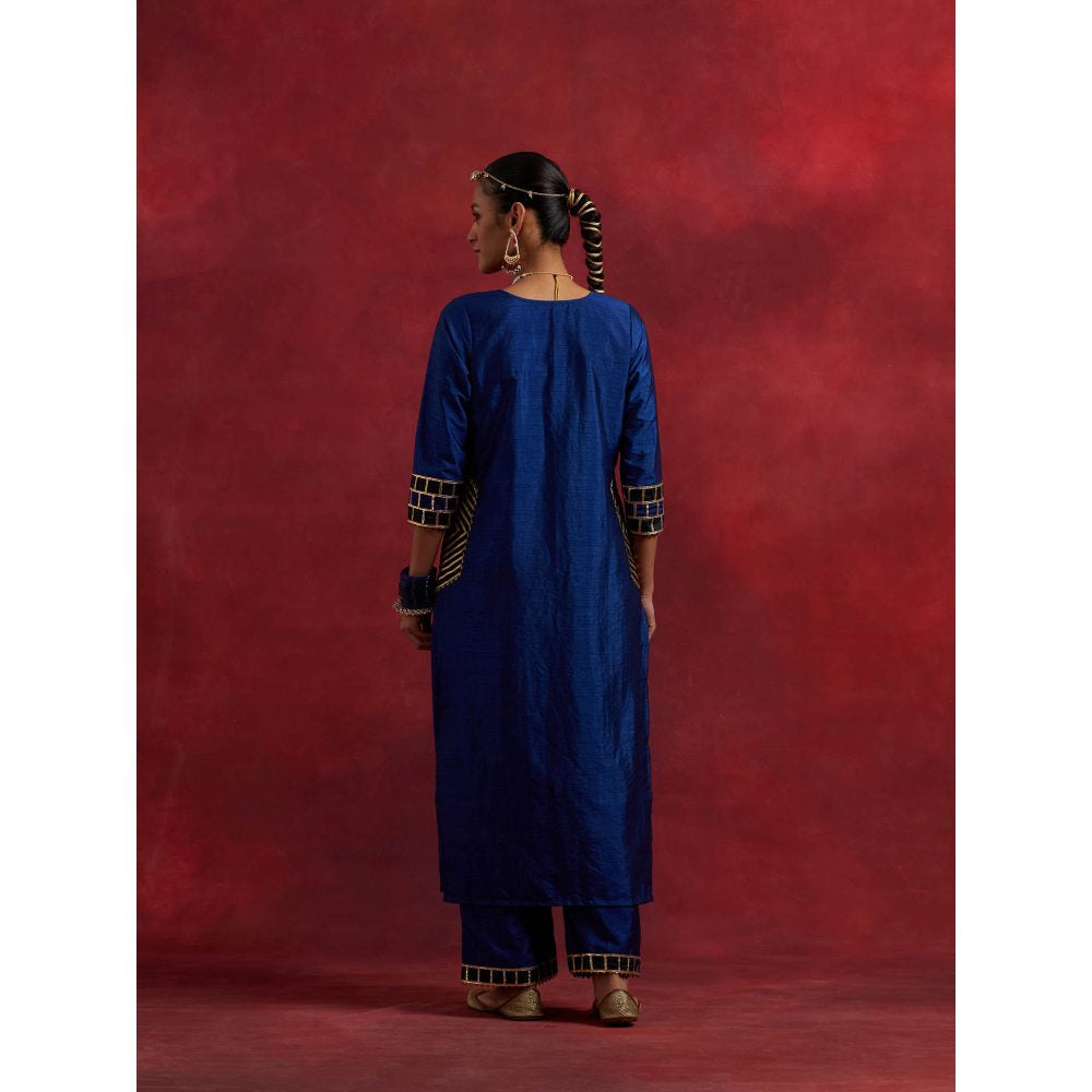 The Indian Cause Blue Black Raw Silk Mira Kurta With Palazzo And Dupatta (Set of 3)