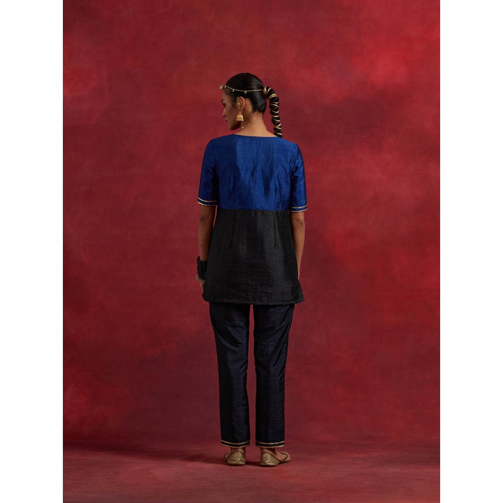 The Indian Cause Blue Black Raw Silk Sadhna Kurta With Pant (Set of 2)