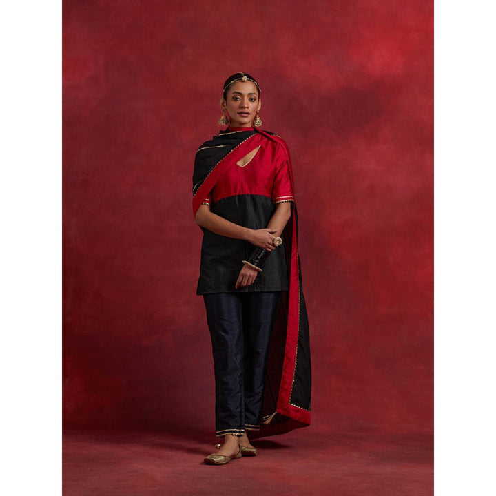 The Indian Cause Red Black Raw Silk Sadhna Kurta With Pant And Dupatta (Set of 3)