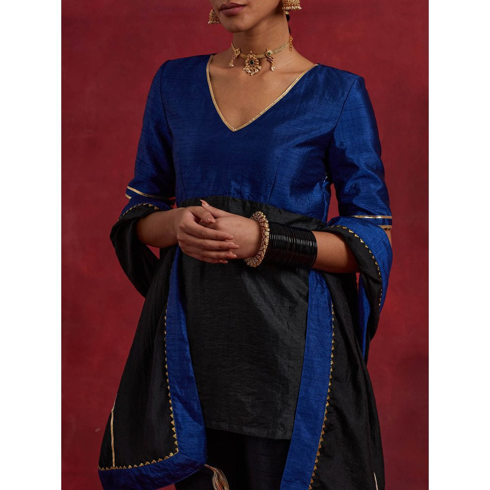 The Indian Cause Blue Black Raw Silk Sadhna Kurta With Pant And Dupatta (Set of 3)