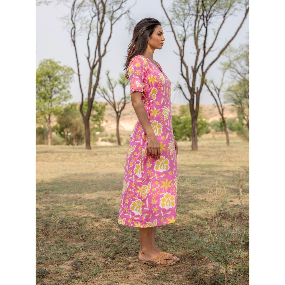 The Yellow Gypsy Pink Gayatri Hand Printed Dress