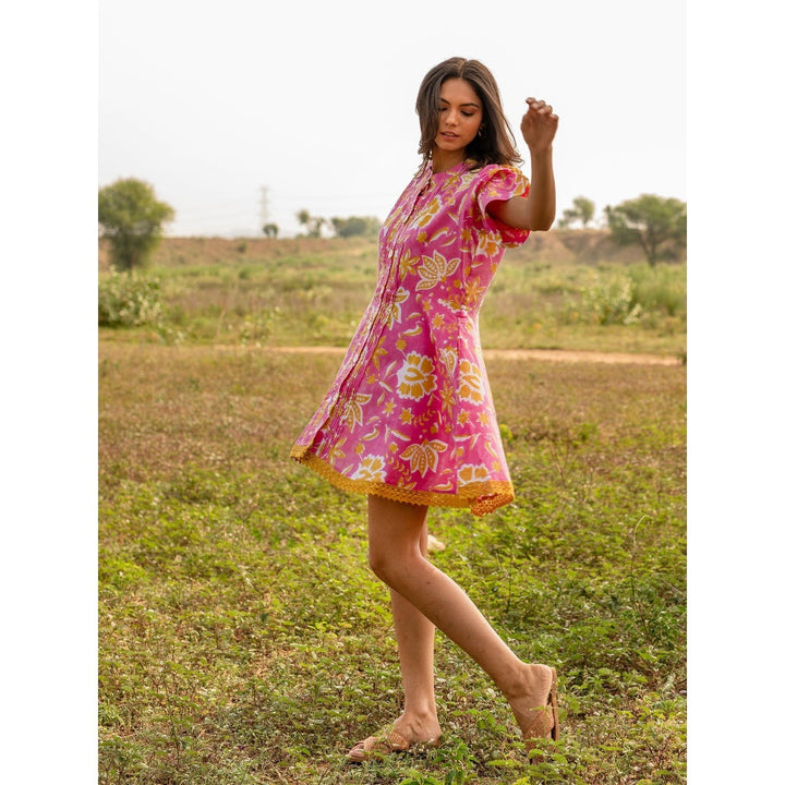The Yellow Gypsy Pink Gauravi Hand Printed Dress