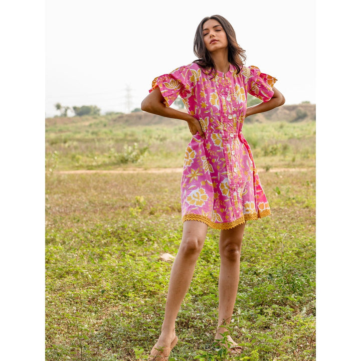 The Yellow Gypsy Pink Gauravi Hand Printed Dress