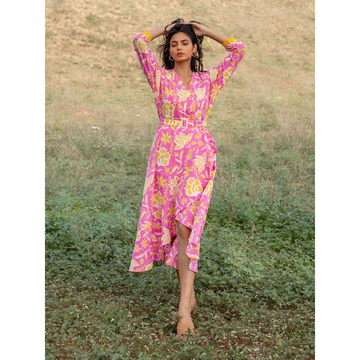 The Yellow Gypsy Pink Noor Hand Printed Wrap Dress