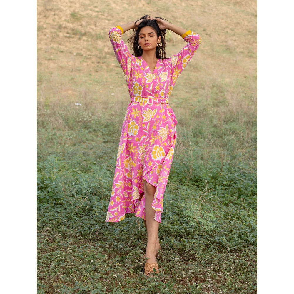 The Yellow Gypsy Pink Noor Hand Printed Wrap Dress