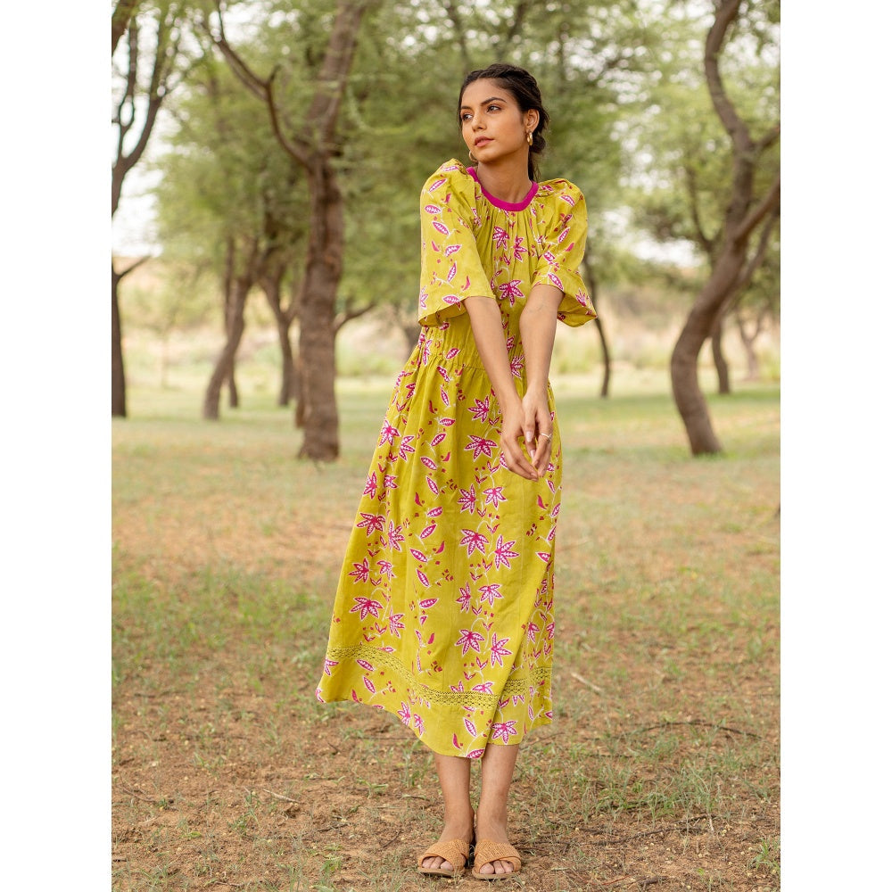 The Yellow Gypsy Green Abhaneri Hand Printed Midi Dress