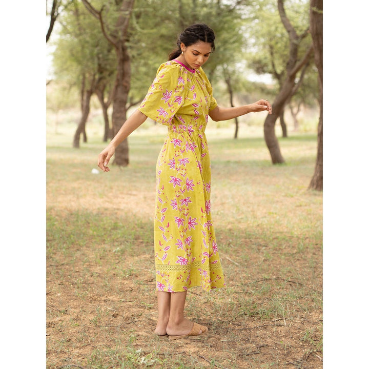 The Yellow Gypsy Green Abhaneri Hand Printed Midi Dress