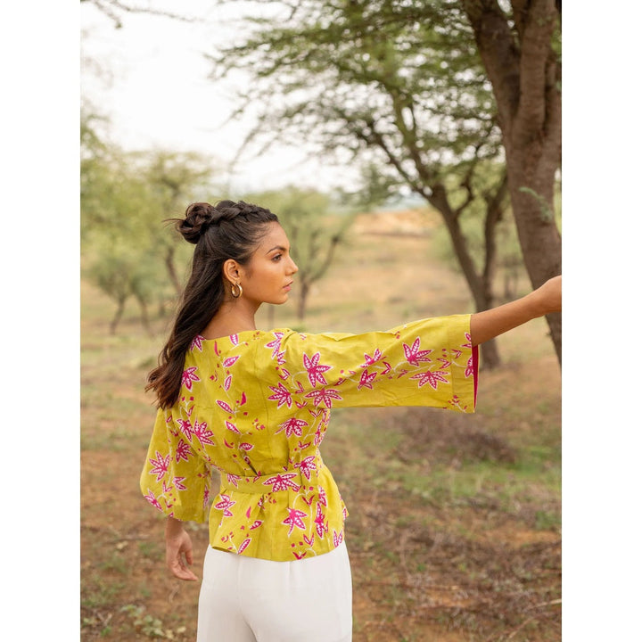 The Yellow Gypsy Green Indra Hand Block Printed Wrap Top