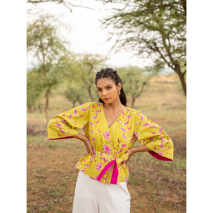 The Yellow Gypsy Green Indra Hand Block Printed Wrap Top