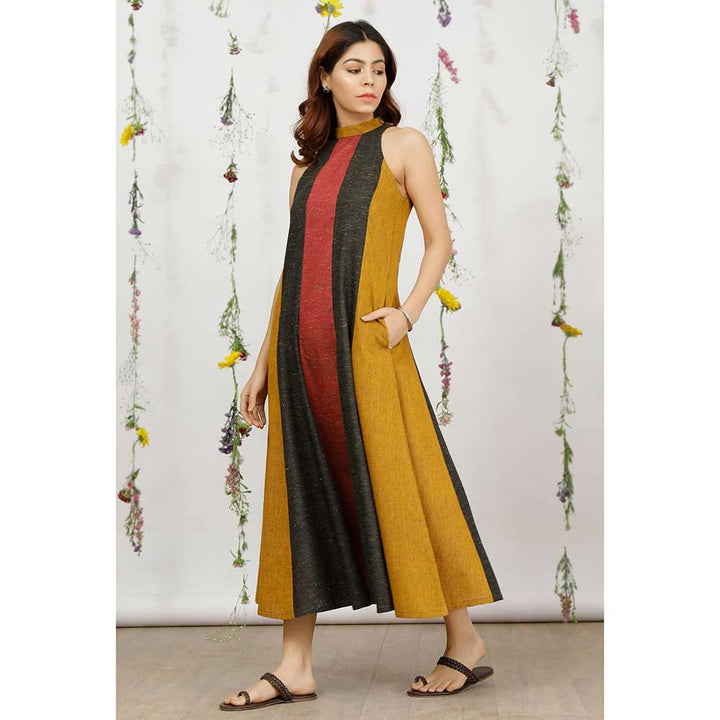 Tjori Multicolor Khadi Cotton Flared Halter Neck Sleeveless Midi Dress