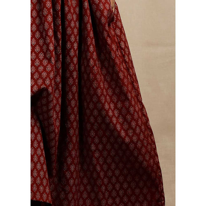 Tjori Red Ajrakh Print Flared and Gathered Kurta with Straight Pants (Set of 2)