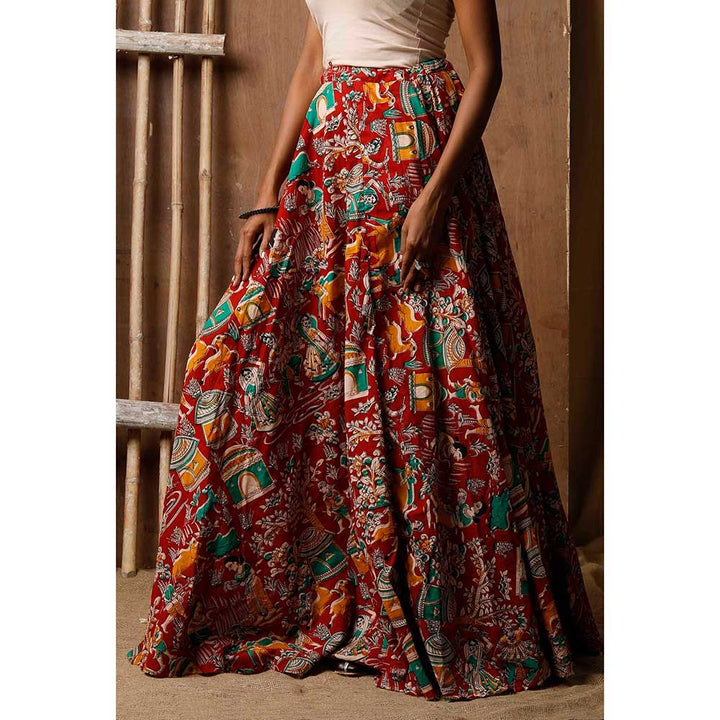 Tjori Red Kalamkari Cotton Skirt