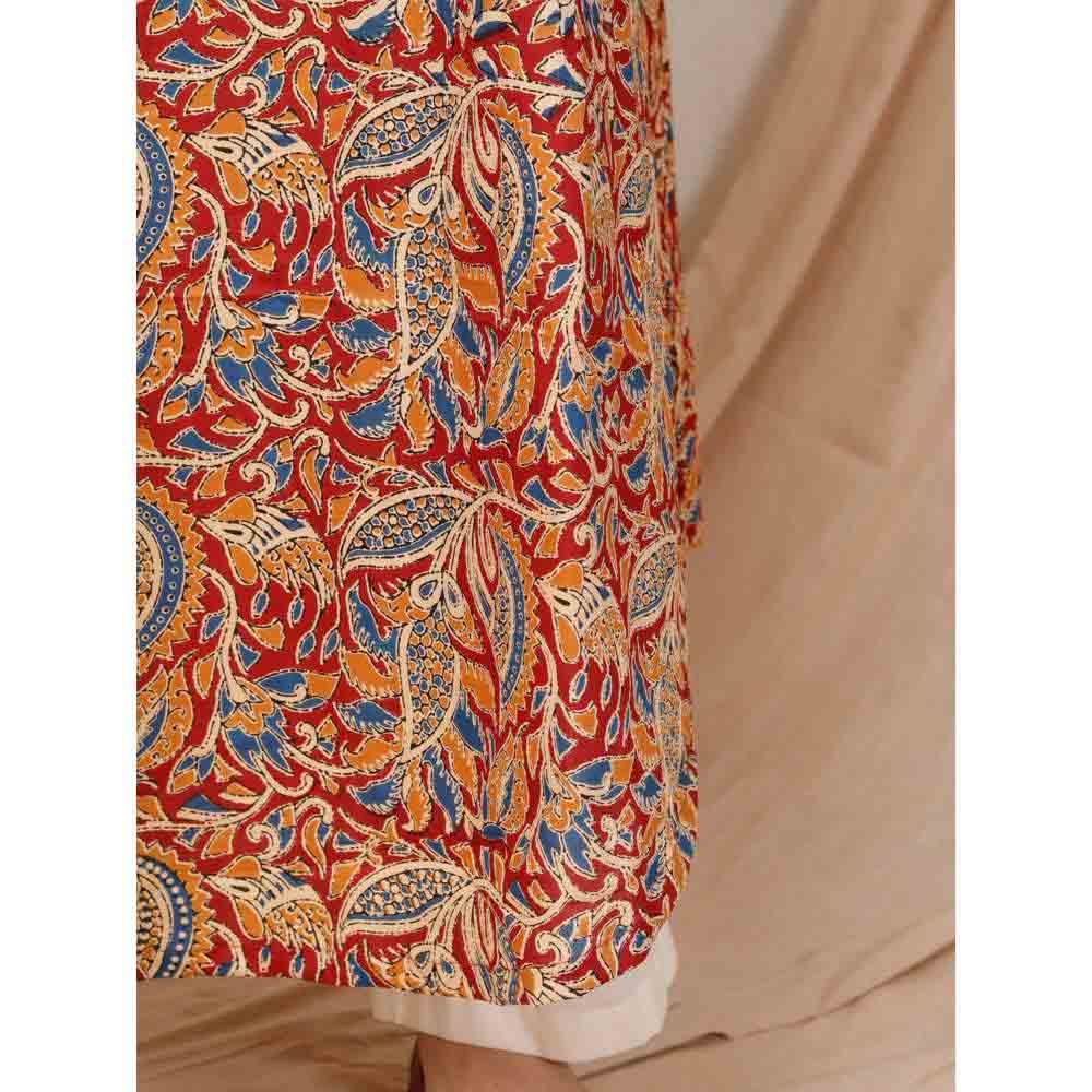 Tjori Multi-Color Block Printed Kalamkari Cotton Slip Kurta