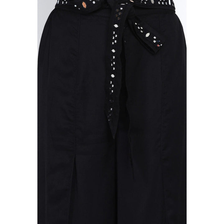 Twenty Nine Black Slit Pants With Mirrorwork Belt (Set of 2)