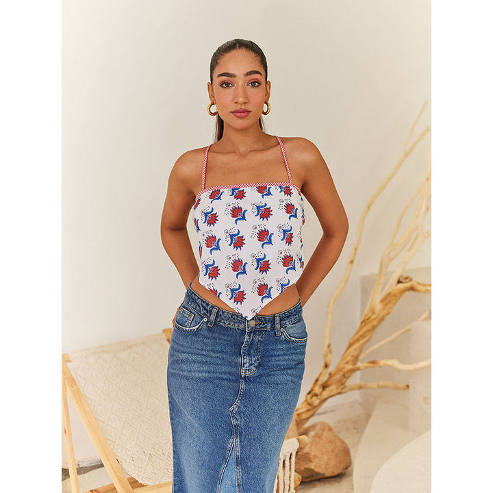 Urban Suburban White Floral Crop Top with Gingham Tie Up