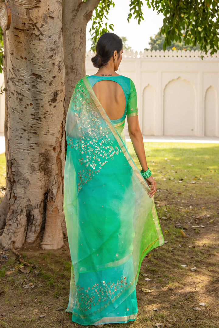 Green and Royal peacock Colour Pure Kota Silk Shaded Saree - Geroo Jaipur
