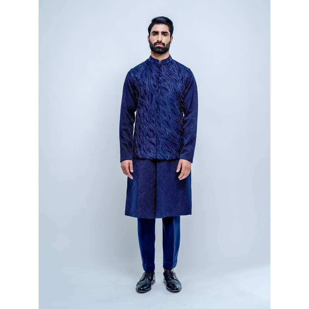 Varun Chakkilam Sapphire Blue Wavy Nehru Jacket with Kurta and Pant (Set of 3)