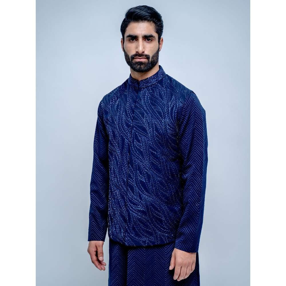 Varun Chakkilam Sapphire Blue Wavy Nehru Jacket with Kurta and Pant (Set of 3)