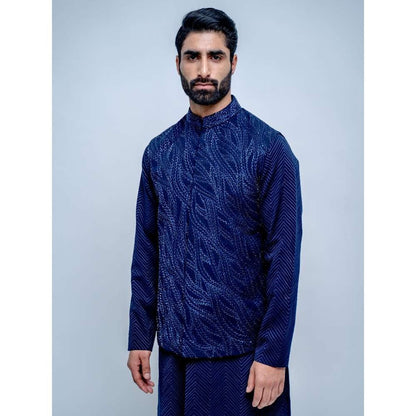 Varun Chakkilam Sapphire Blue Wavy Nehru Jacket with Kurta and Pant (Set of 3)