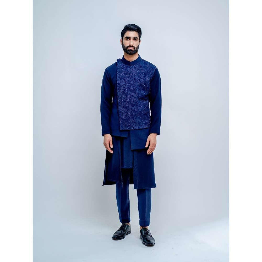 Varun Chakkilam Sapphire Blue Overlap Bandhgala with Kurta and Pant (Set of 3)