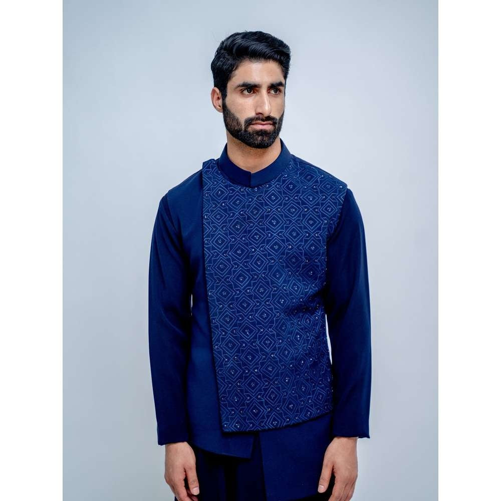 Varun Chakkilam Sapphire Blue Overlap Bandhgala with Kurta and Pant (Set of 3)