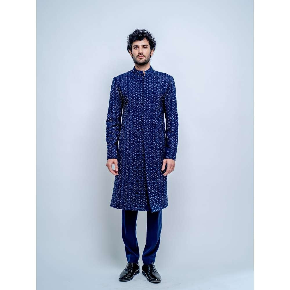 Varun Chakkilam Sapphire Blue Geometric Sherwani with Pant (Set of 2)