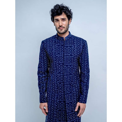 Varun Chakkilam Sapphire Blue Geometric Sherwani with Pant (Set of 2)