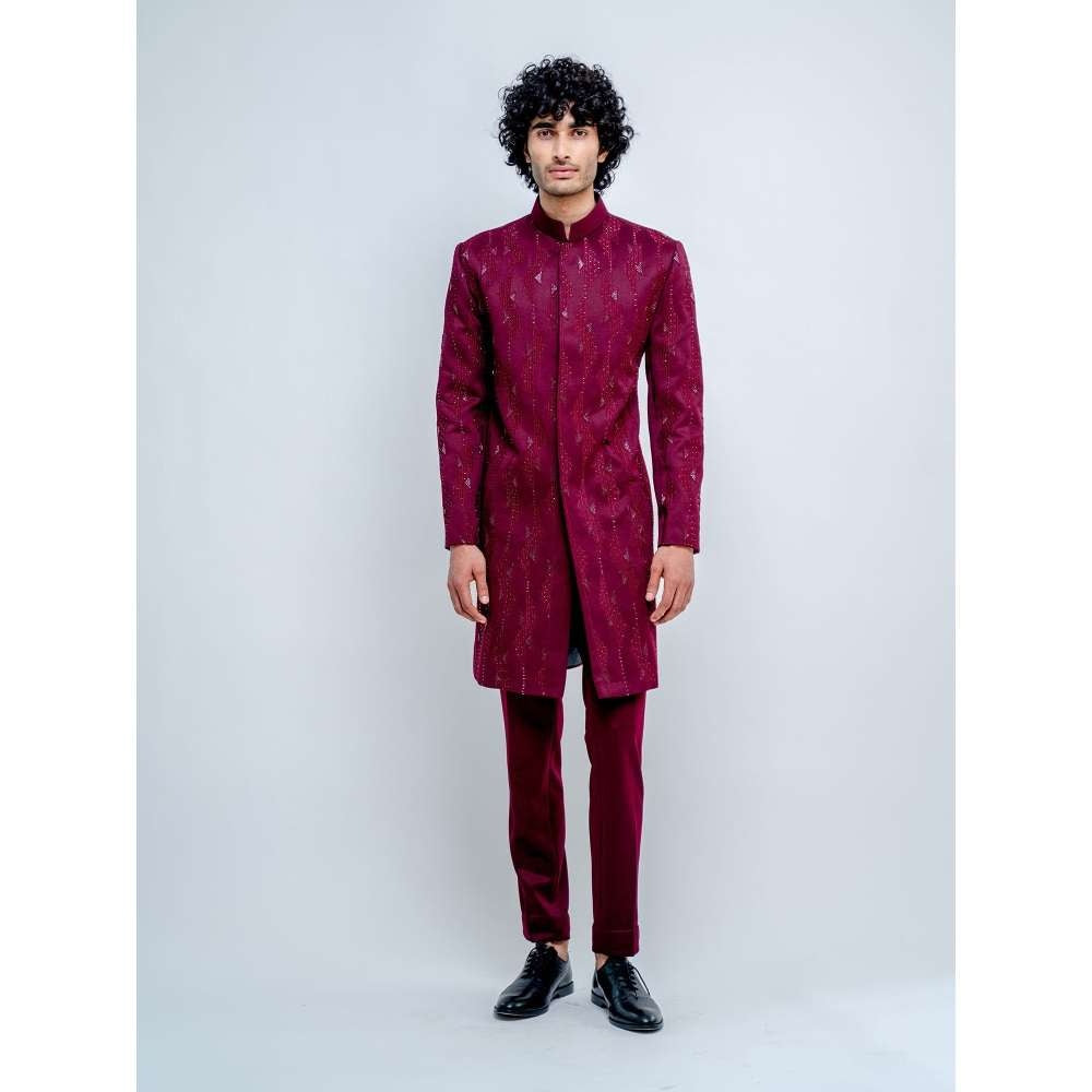 Varun Chakkilam Maroon Geometric Sherwani with Pant (Set of 2)