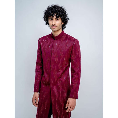 Varun Chakkilam Maroon Geometric Sherwani with Pant (Set of 2)