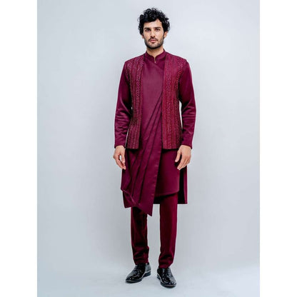 Varun Chakkilam Maroon Midnight Kurta With Open Jacket and Pant (Set of 3)