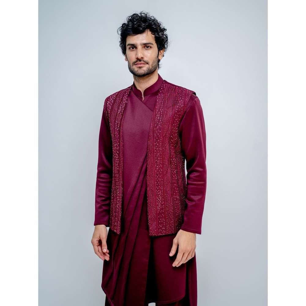 Varun Chakkilam Maroon Midnight Kurta With Open Jacket and Pant (Set of 3)