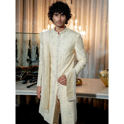 Varun Chakkilam Ivory Paper Gold Beige Sherwani With Pant and Dupatta (Set of 3)