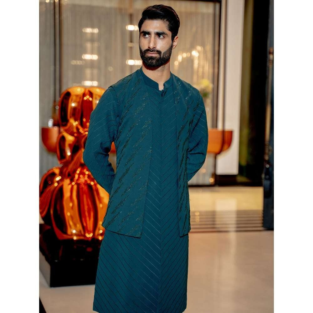 Varun Chakkilam Emerald Teal Kurta with Open Jacket and Pant (Set of 3)