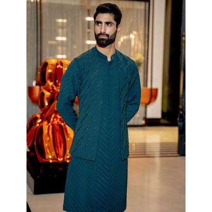 Varun Chakkilam Emerald Teal Kurta with Open Jacket and Pant (Set of 3)