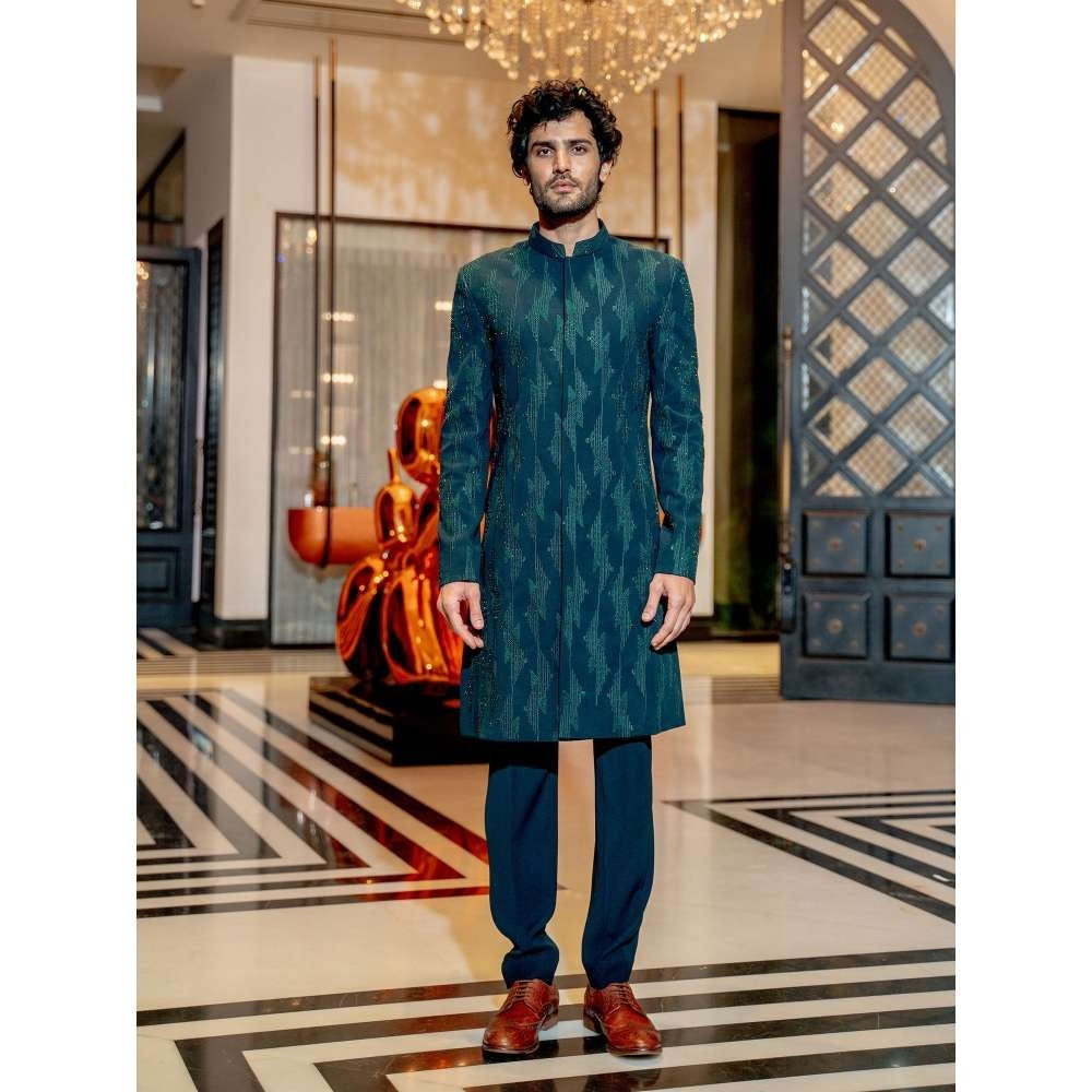 Varun Chakkilam Emerald Teal Geometric Sherwani with Pant (Set of 2)