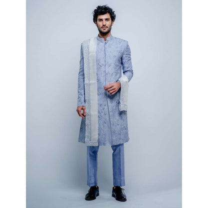 Varun Chakkilam Lilac Blue Floral Sherwani With Pant and Dupatta (Set of 3)