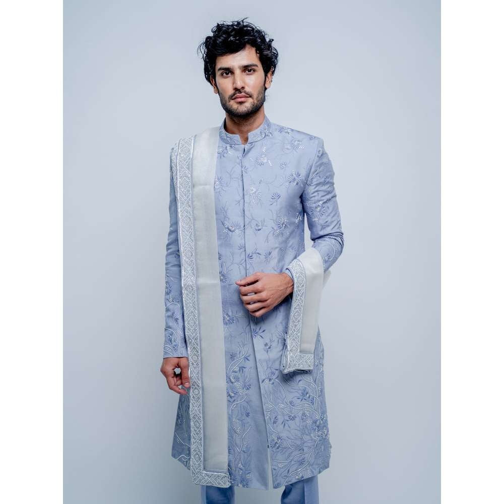 Varun Chakkilam Lilac Blue Floral Sherwani With Pant and Dupatta (Set of 3)