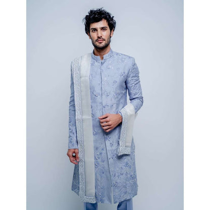 Varun Chakkilam Lilac Blue Floral Sherwani With Pant and Dupatta (Set of 3)