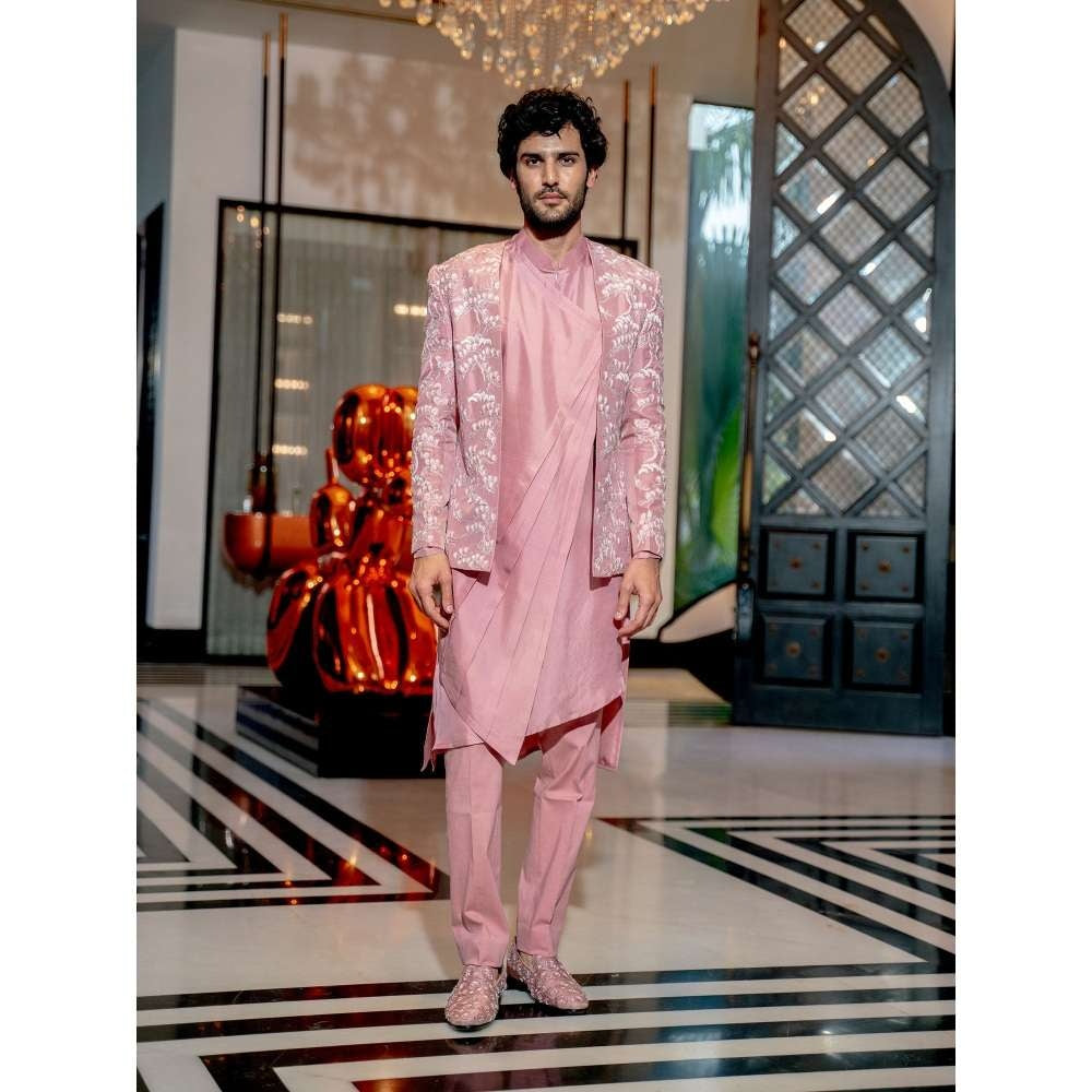 Varun Chakkilam Onion Pink Abstract Floral Kurta with Open Jacket and Pant (Set of 3)