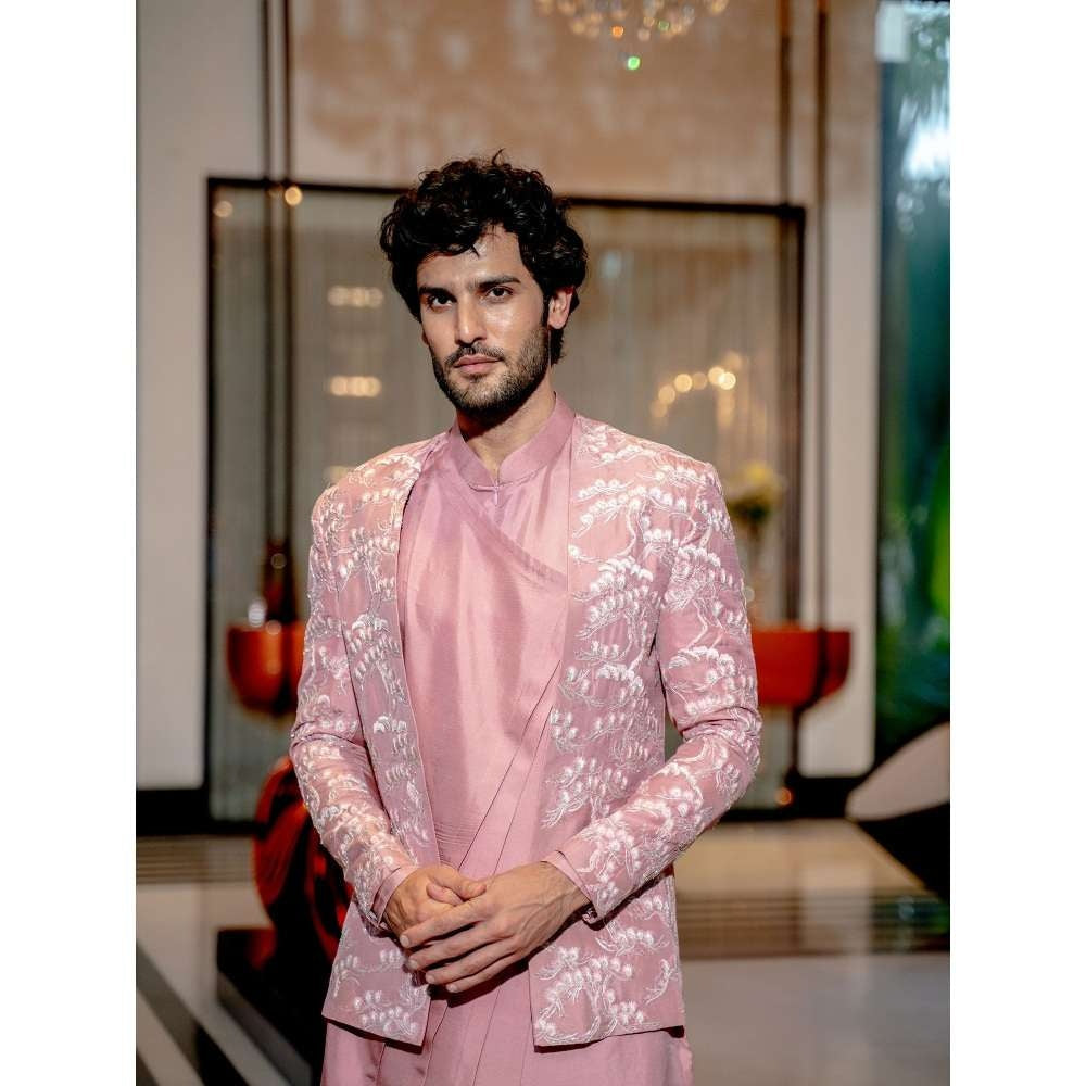 Varun Chakkilam Onion Pink Abstract Floral Kurta with Open Jacket and Pant (Set of 3)