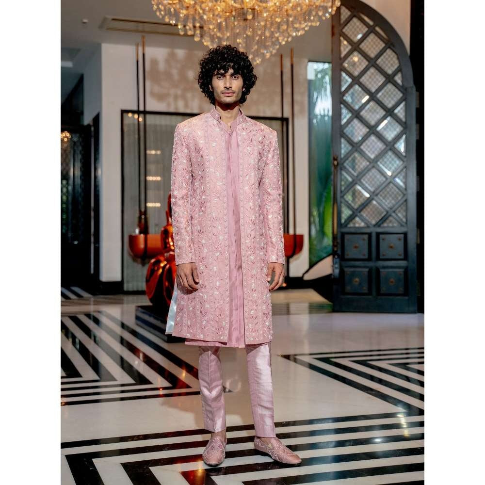 Varun Chakkilam Onion Pink Neo Floral Kurta with Open Jacket and Pant (Set of 3)