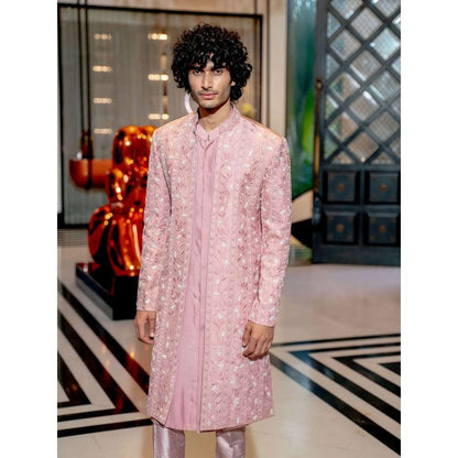 Varun Chakkilam Onion Pink Neo Floral Kurta with Open Jacket and Pant (Set of 3)
