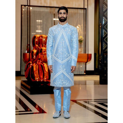 Varun Chakkilam Powder Blue Neo Floral Sherwani with Pant (Set of 2)