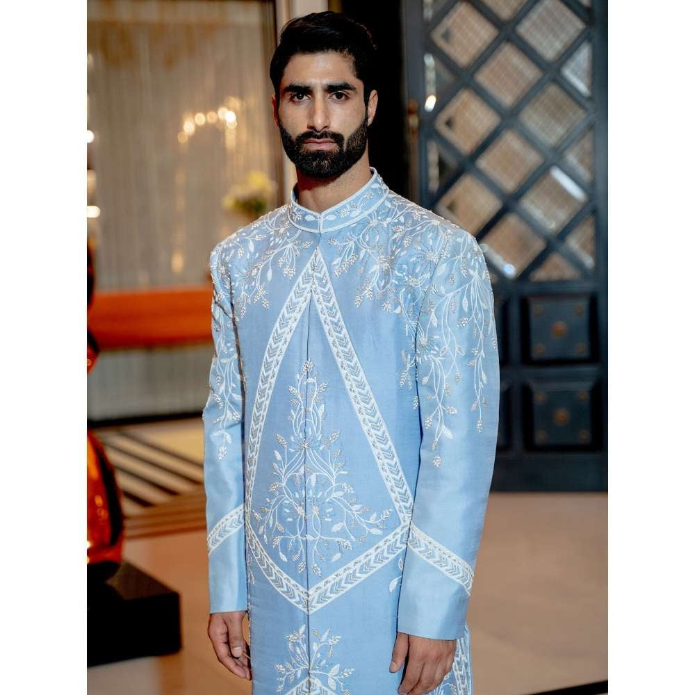 Varun Chakkilam Powder Blue Neo Floral Sherwani with Pant (Set of 2)
