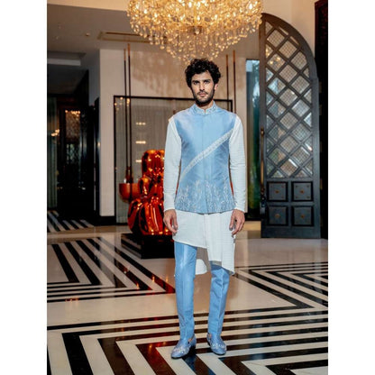 Varun Chakkilam Powder Blue Neo-Floral Nehru Jacket with Kurta and Pant (Set of 3)