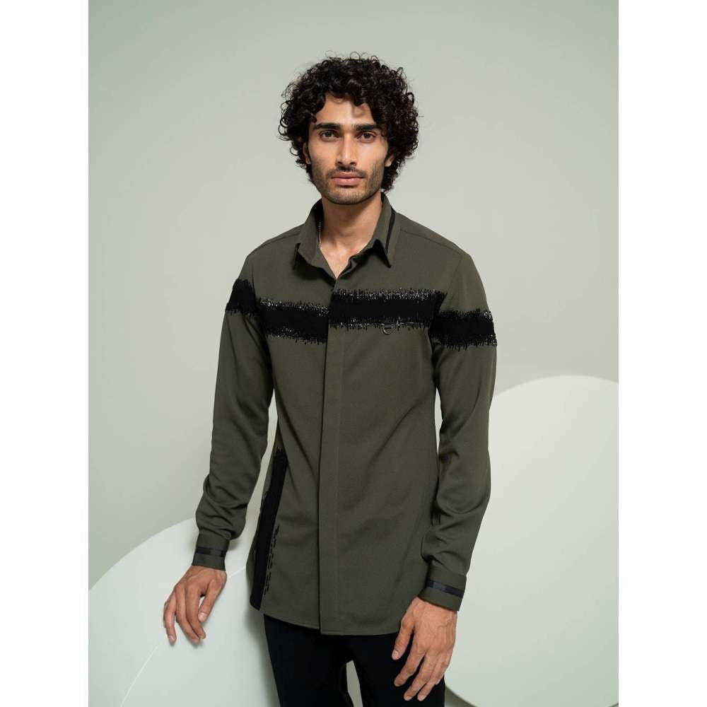 Varun Chakkilam Olive Embroidered Streak Shirt