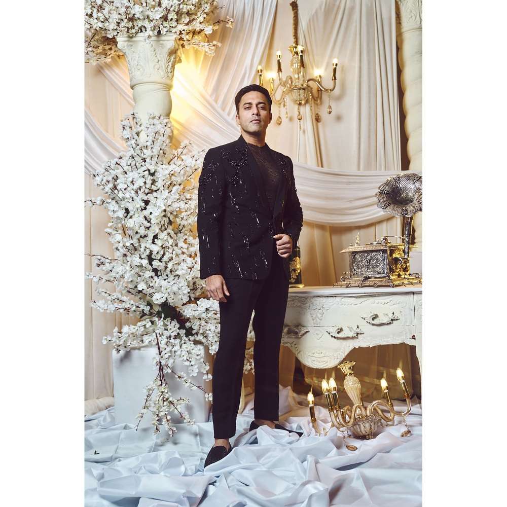 Varun Chakkilam Ebony Black Chandelier Blazer Inner with Trouser (Set of 3)