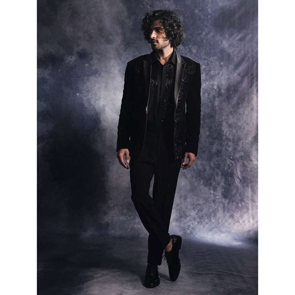 Varun Chakkilam Ebony Black Panel Blazer and Shirt with Trouser (Set of 3)