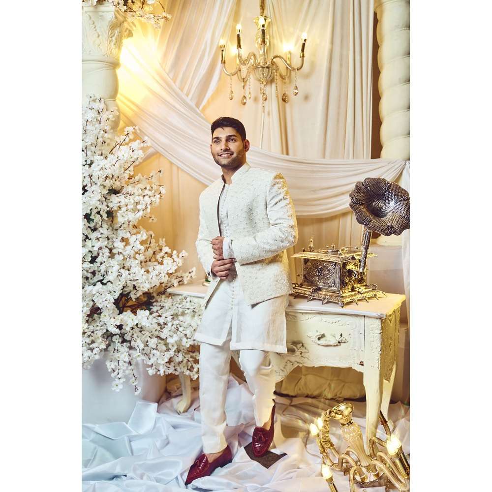 Varun Chakkilam Seashell White Open Jacket and Kurta with Trouser (Set of 3)